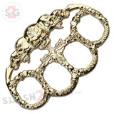 Demonic Skulls Brass Knuckles Belt Buckle Decorative Knucks Paperweight - Gold