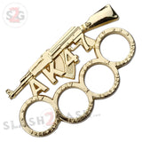 AK47 Brass Knuckles Gun Themed Paperweight - Gold Rifle Bullets