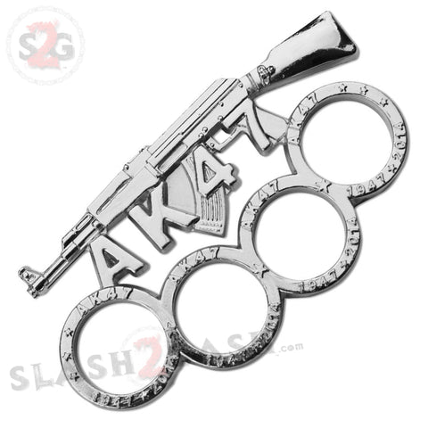 AK-47 Brass Knuckles Gun Themed Paperweight - Silver/Chrome Rifle Bullets