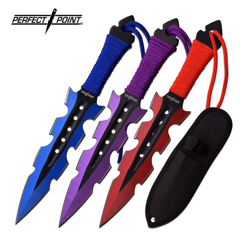 7" Throwing Knife Set 3 PC Perfect Point Thrower Knives - 3 Color Blue Purple Red