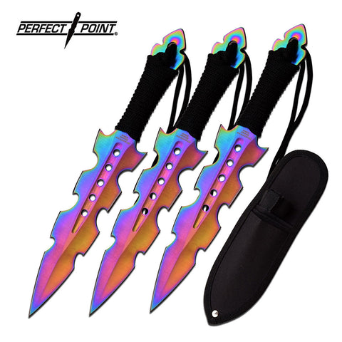 7" Throwing Knife Set 3 PC Perfect Point Thrower Knives - Rainbow Titanium