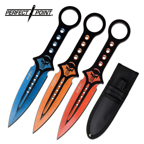 Perfect Point Throwing Knives w/ Ring 7" Punisher Skull - 3 PC Set
