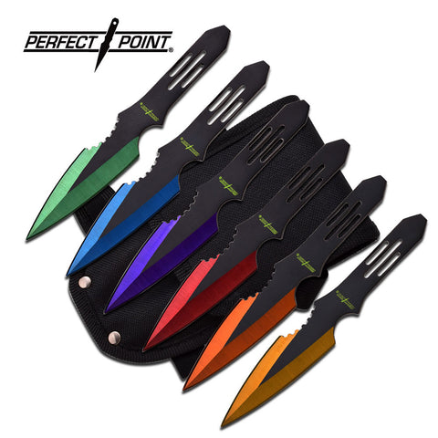 Perfect Point Knives w/Sheath 6" Throwing Knife Set - 6 PC Green, Blue, Purple, Red, Orange & Yellow