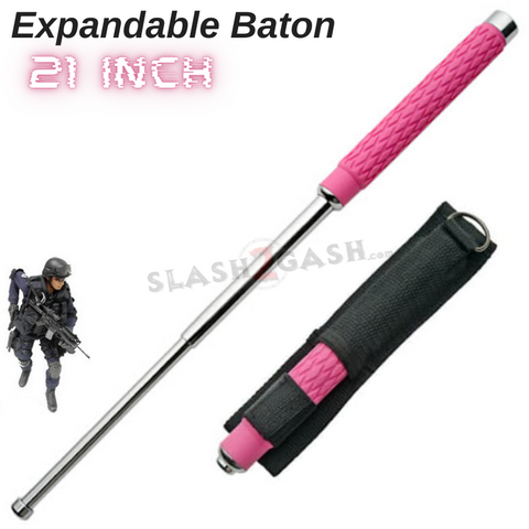 21" Inch Expandable Pink Baton Metal Police Stick Silver/Chrome