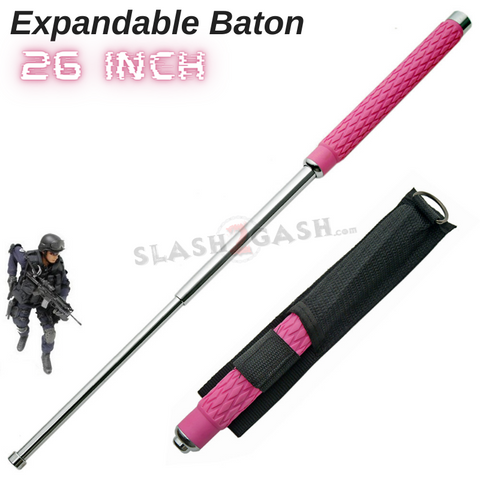 Expandable Pink Baton Metal Police Stick Silver/Chrome - 26" Inch