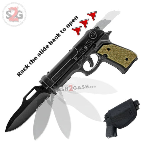Gun-Shaped Spring Assisted Knife Black Pistol w/ Tan Grips Holster Sheath Cock Back Slide