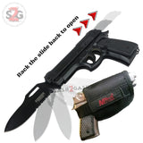 Gun-Shaped Spring Assisted Knife Novelty Black Silver Pistol w/ Holster Sheath Mtech Defender Xtreme