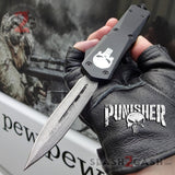 Punisher Skull OTF Knife Black D/A Switchblade - REAL Layered Damascus Double Edge Dagger - Delta Force Automatic Knives
