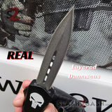 Punisher Skull OTF Knife Black D/A Switchblade - REAL Layered Damascus Spear Point Plain - Delta Force Automatic Knives