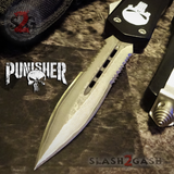 Punisher Skull OTF Knife Black D/A Switchblade - REAL Layered Damascus Dagger Serrated - Delta Force Automatic Knives