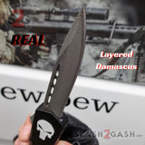 Punisher Skull OTF Knife Black D/A Switchblade - REAL Layered Damascus Single Edge Plain - Delta Force Automatic Knives