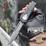 Punisher Skull OTF Knife REAL Damascus Delta Force Automatic D/A Switchblade - Drop Point Serrated Single Edge