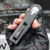 Punisher Skull OTF Knife REAL Damascus Delta Force Automatic D/A Switchblade - Tanto Serrated