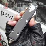 Punisher Skull OTF Knife REAL Damascus Delta Force Automatic D/A Switchblade - Drop Serrated w/ Silver Hardware