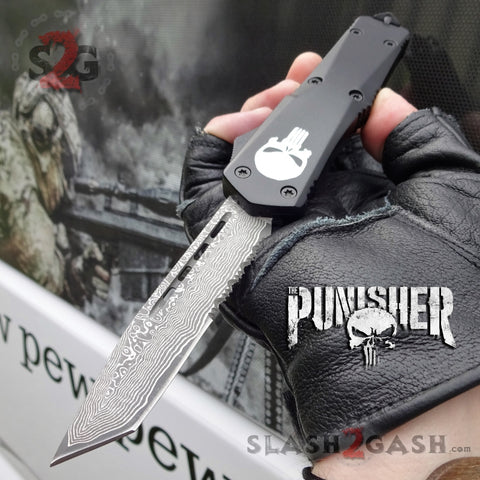 Punisher Skull OTF Knife REAL Damascus Delta Force Automatic D/A Switchblade - Tanto Serrated