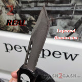 Punisher Skull OTF Knife Black D/A Switchblade - REAL Layered Damascus Tanto Serrated - Delta Force Automatic Knives