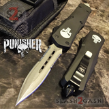 Punisher Skull OTF Knife Black D/A Switchblade - REAL Layered Damascus Dagger Serrated - S2G Tactical Automatic Knives