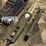 Punisher Skull OTF Knife Black D/A Switchblade - REAL Layered Damascus Dagger Serrated - S2G Tactical Automatic Knives