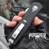 Punisher Skull OTF Knife Black D/A Switchblade - REAL Layered Damascus - S2G Tactical Automatic Knives