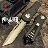 Punisher Skull OTF Knife Black D/A Switchblade - REAL Layered Damascus Tanto Plain - S2G Tactical Automatic Knives