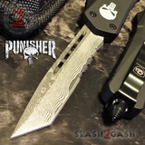Punisher Skull OTF Knife Black D/A Switchblade - REAL Layered Damascus Tanto Serrated - S2G Tactical Automatic Knives