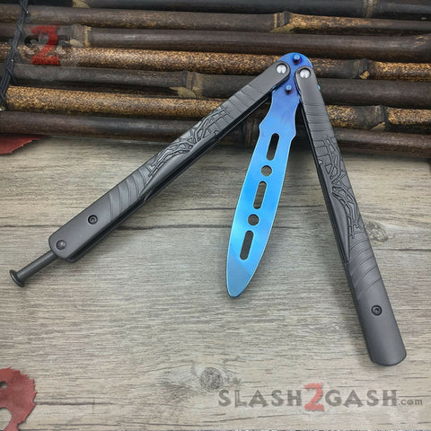 Spider Butterfly Knife Blue TRAINER Dull Balisong w/ Spring Latch