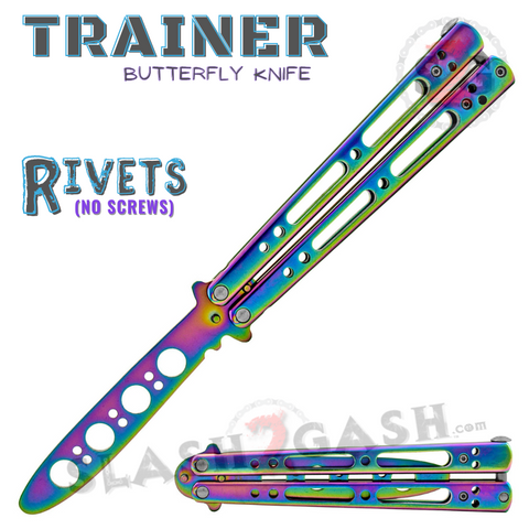 Rainbow Balisong Trainer Practice Butterfly Knives Riveted Training Blade Safe Dull with Spring Latch Stainless Steel