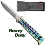 Heavy Duty Butterfly Knife Thick Classic 7 Hole Balisong - Titanium Rainbow Plain Silver Blade