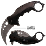 Genuine Damascus Steel Karambit Knife Spring Assisted Folder with Holes and Ring - Black Anodized Claw Knives
