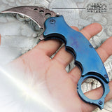 Genuine Damascus Steel Karambit Knife Spring Assisted Folder with Holes and Ring - Blue Anodized Claw Knives