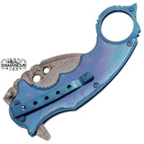 Genuine Damascus Steel Karambit Knife Spring Assisted Folder with Holes and Ring - Blue Anodized Claw Knives