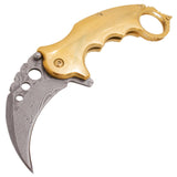 Genuine Damascus Steel Karambit Knife Spring Assisted Folder with Holes and Ring - Gold Anodized Claw Knives