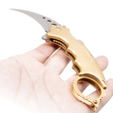 Genuine Damascus Steel Karambit Knife Spring Assisted Folder with Holes and Ring - Gold Anodized Claw Knives