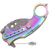 Genuine Damascus Steel Karambit Knife Spring Assisted Folder with Holes and Ring - Rainbow Anodized Claw Knives