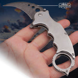 Genuine Damascus Steel Karambit Knife Spring Assisted Folder with Holes and Ring - Silver Anodized Claw Knives