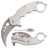 Genuine Damascus Steel Karambit Knife Spring Assisted Folder with Holes and Ring - Silver Anodized Claw Knives