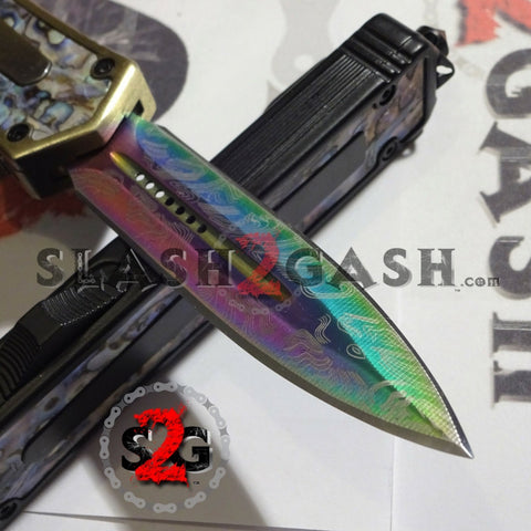 Golden Scarab D/A OTF Automatic Knife Titanium Rainbow 440C Damascus Abalone Handle