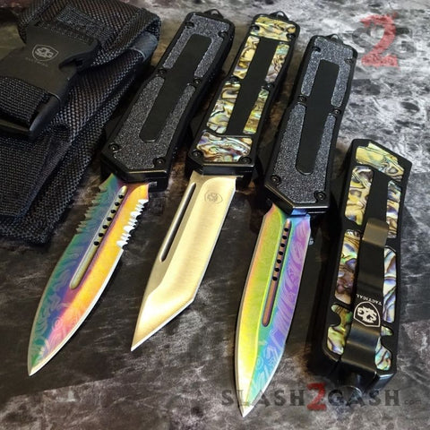 S2G Tactical OTF Knife Abalone Switchblade w/ Rainbow Damascus Dagger or Silver Tanto - Black or Bronze