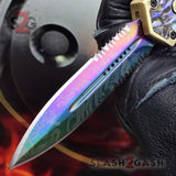 S2G Tactical OTF Knife Abalone Switchblade w/ Rainbow Damascus Dagger Serrated - Bronze Scarab Golden