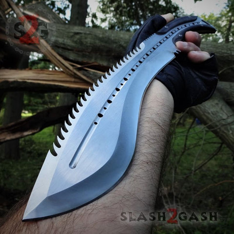 Scorpion Kukri Machete Knife 9Cr18MoV Spiked Sawback - Satin Brushed Steel w/ Leather Sheath