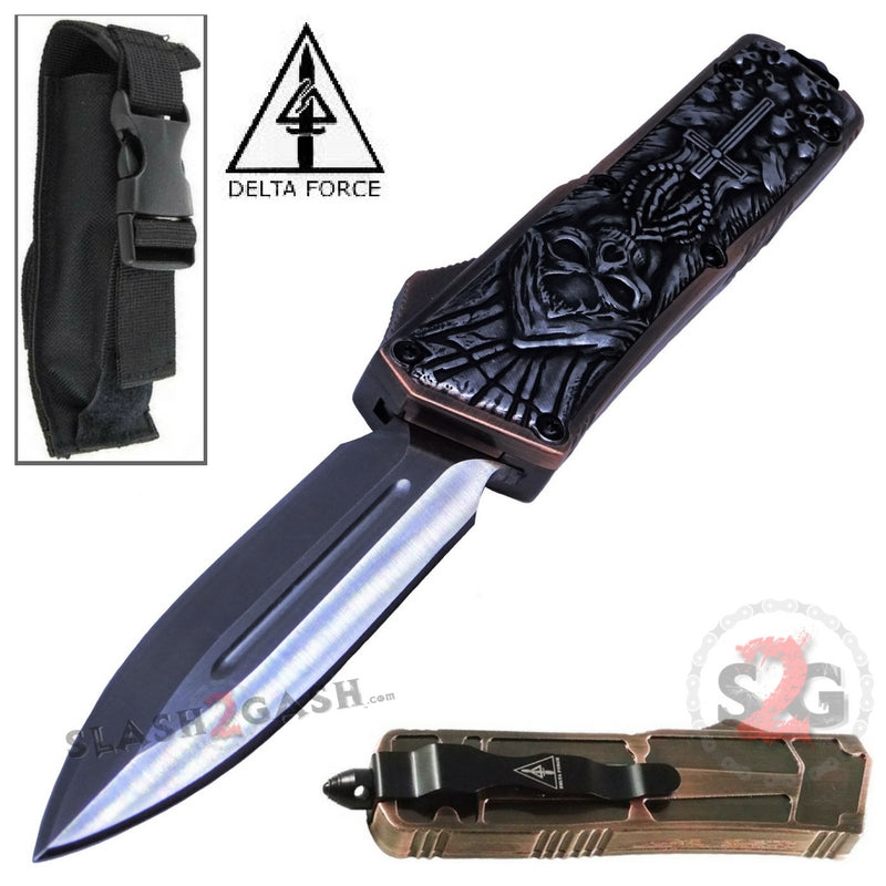 Delta Force Grey Skull OTF D/A Automatic Knife 440c Double Edge