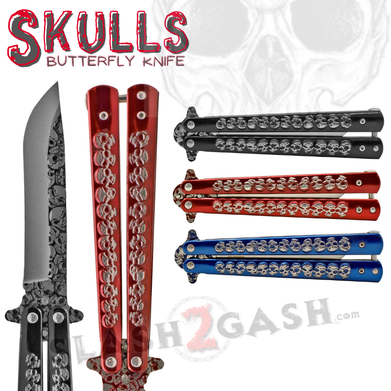 Skulls Butterfly Knife Steel Balisong (Riveted) - Assort. Colors ...