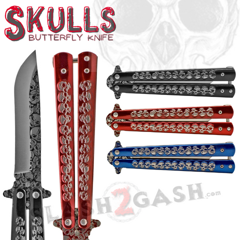 Skeleton Butterfly Knives Bones Drop Point Single Edge Plain Skulls Balisong Rivets - Black Blue Red