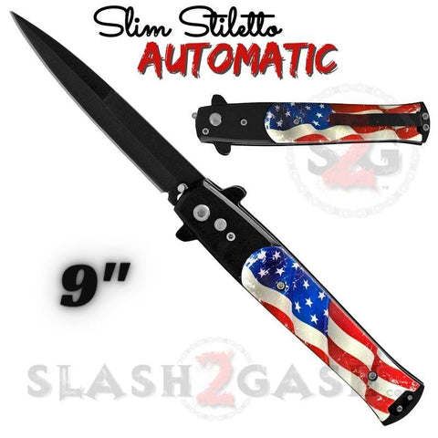USA Flag Automatic Stiletto Switchblade Knives Pearl Slim Pocket Knife Black Blade