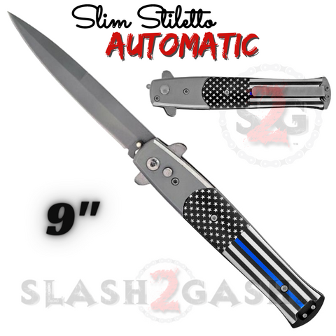 Blue Line Flag Automatic Stiletto Switchblade Knives Pearl Slim Pocket Knife Silver Blade