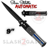 We Support our Police Automatic Switchblade Knives Blue Line Flag Slim Stiletto Pocket Knife Black Blade