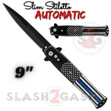 Blue Line Flag Automatic Stiletto Switchblade Knives Pearl Slim Pocket Knife Black Blade