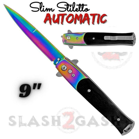 Black Ebony Wood Automatic Stiletto Switchblade Knives Pearl Slim Pocket Knife Rainbow Blade