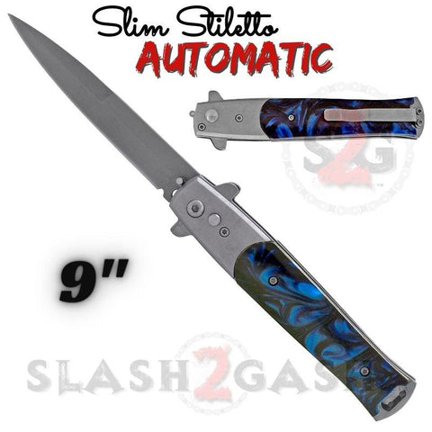 Black and Blue Marble Automatic Stiletto Switchblade Knives Pearl Slim Pocket Knife Silver Blade