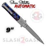 Blue Marble Automatic Switchblade Knives Pearl Slim Stiletto Pocket Knife Silver Blade